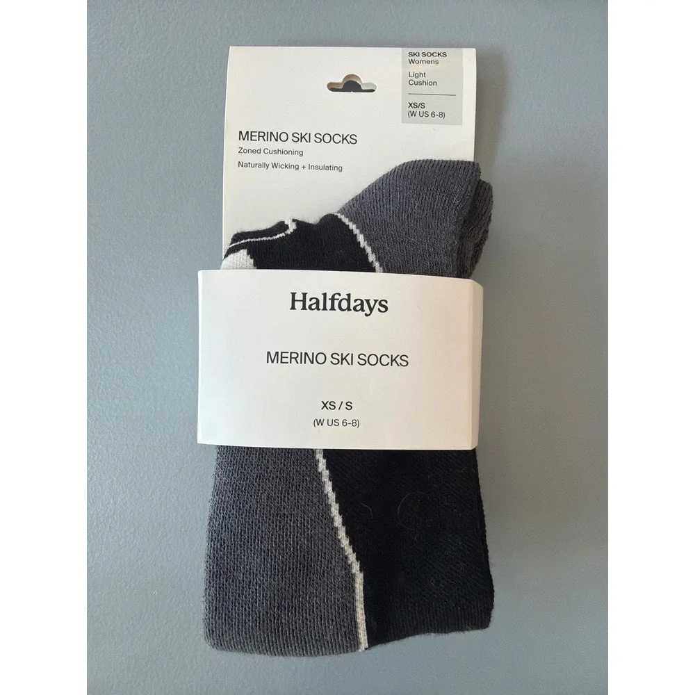 Halfdays Light Cushion Merino Ski Socks Womens XS/S 6-8 Black Grey NWT